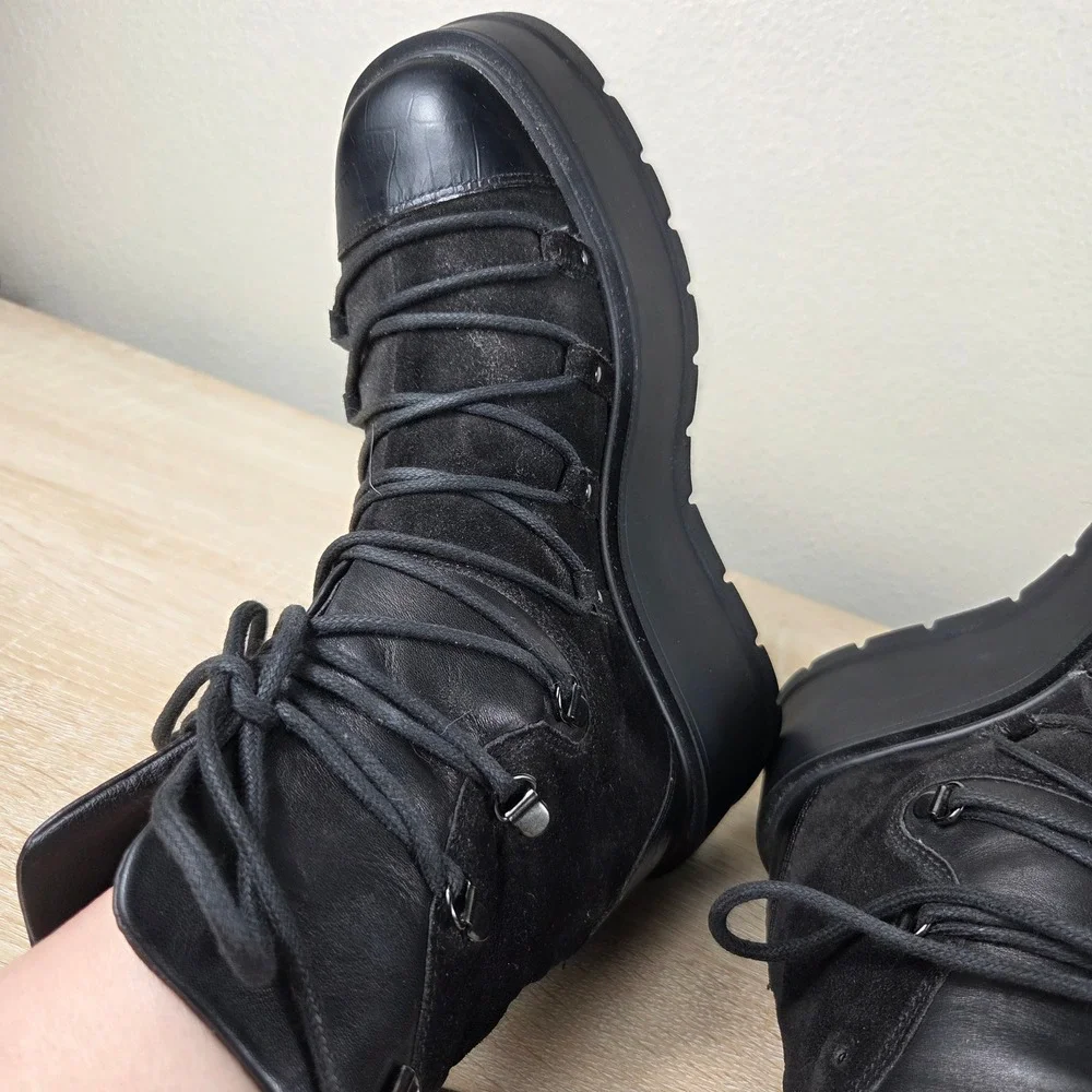 Free People Simone Wedge Boots Black Leather Suede Lace Up Women's EU 38